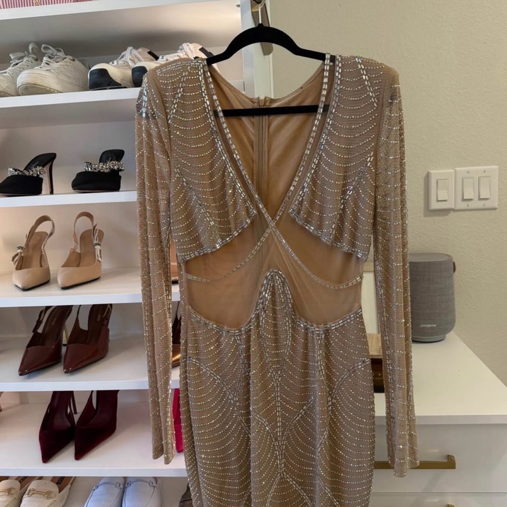 Glamorous Backless Tan Dress with Beadwork